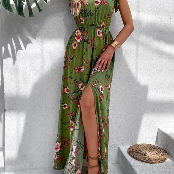 Boho VCAY Floral Print Ruffle Trim Slit Thigh Dress Size L Olive Without… - Picture 5 of 7
